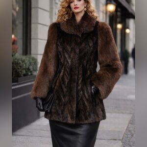 Genuine Mink & Fox Fur Coat - Chevron Mink Body with Plush Fox Fur Sleeves